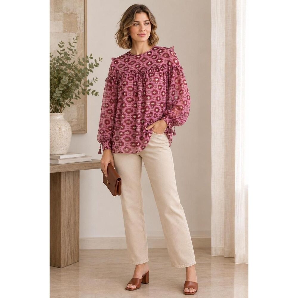 Sachin & Babi Mauve Geometric Ikat Tassel Long Sleeve Blouse Size XS